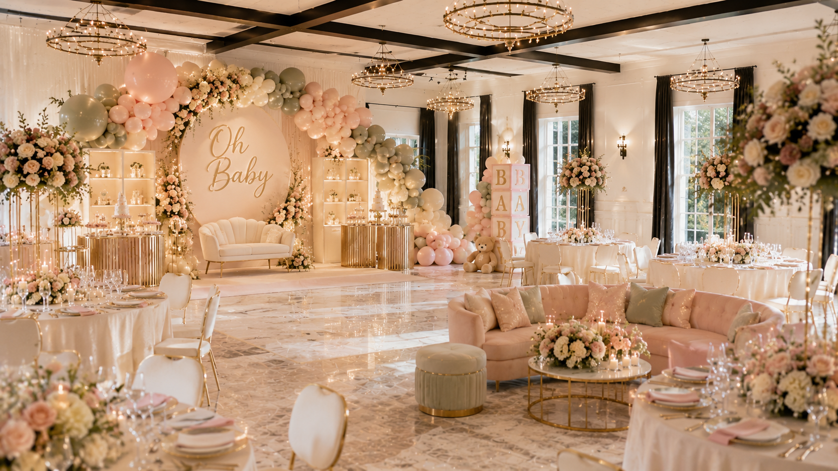 Pastel baby shower with an Oh Baby backdrop and balloon garland