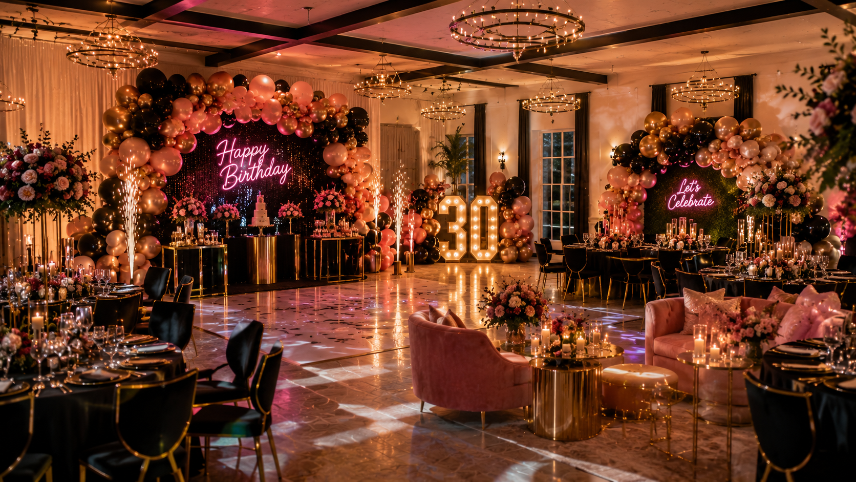 Glamorous birthday celebration with a balloon arch and neon sign