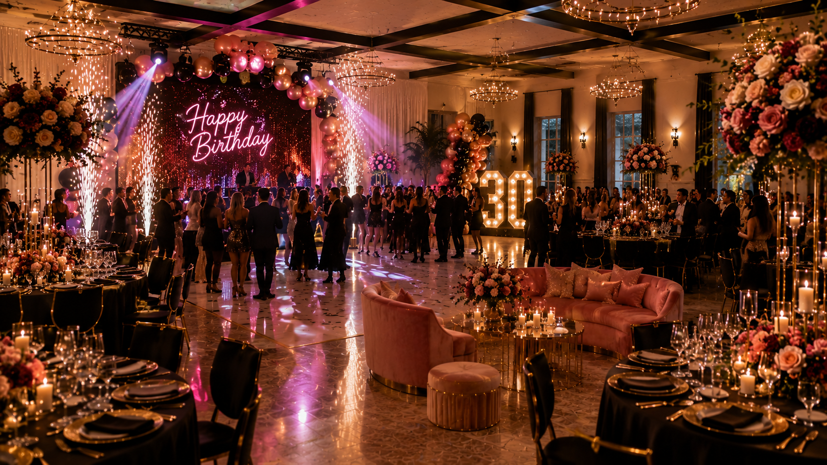 Milestone birthday party with marquee lights and lounge seating
