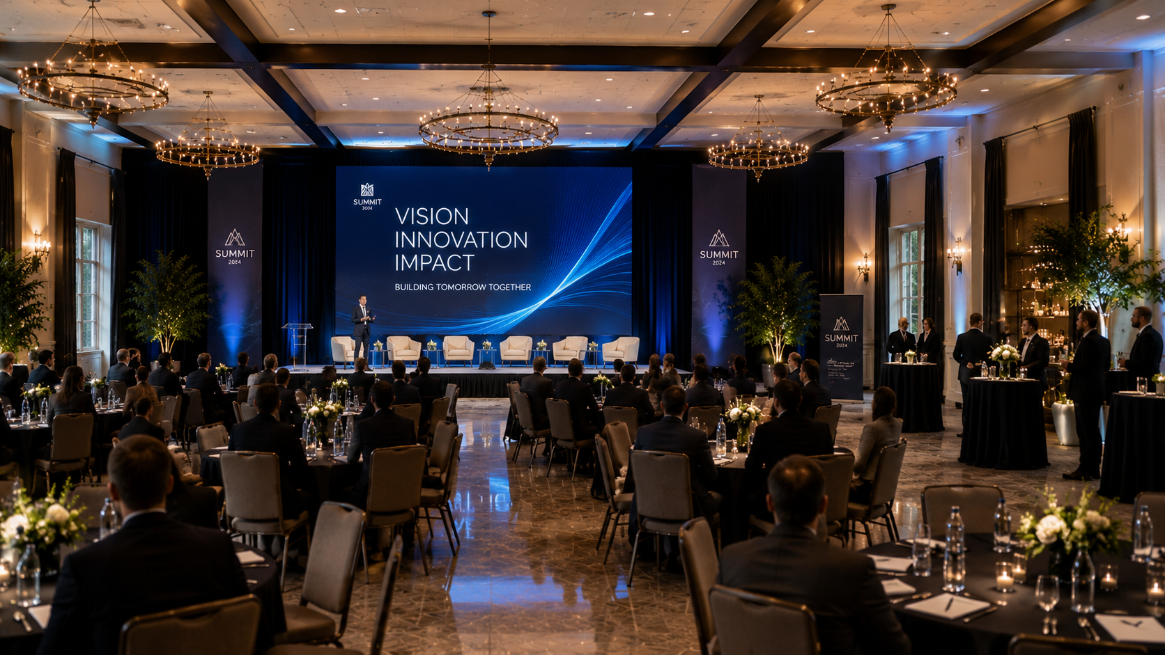 Corporate summit with a keynote stage and seated audience