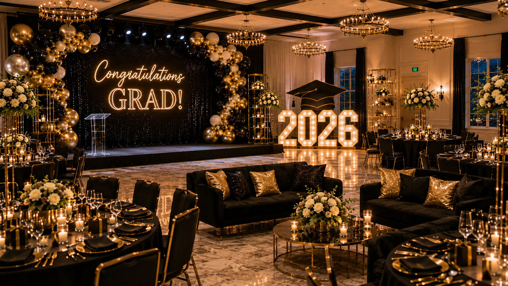 Graduation celebration with a Congratulations Grad sign and 2026 marquee