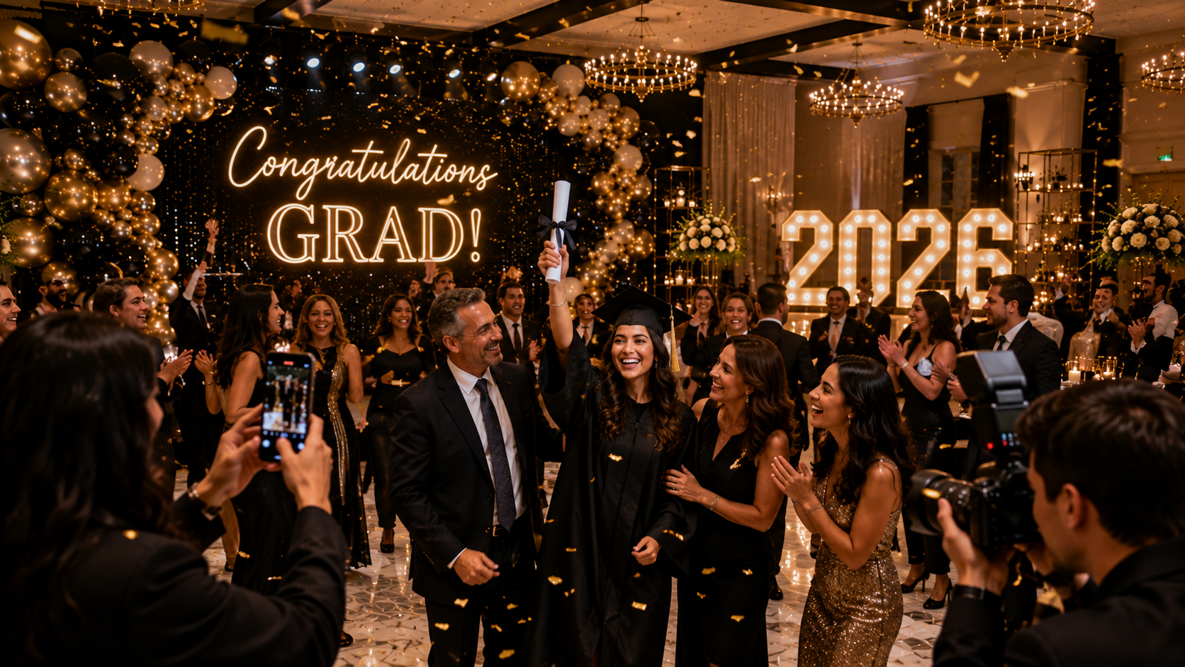 Graduate holding a diploma amid gold confetti