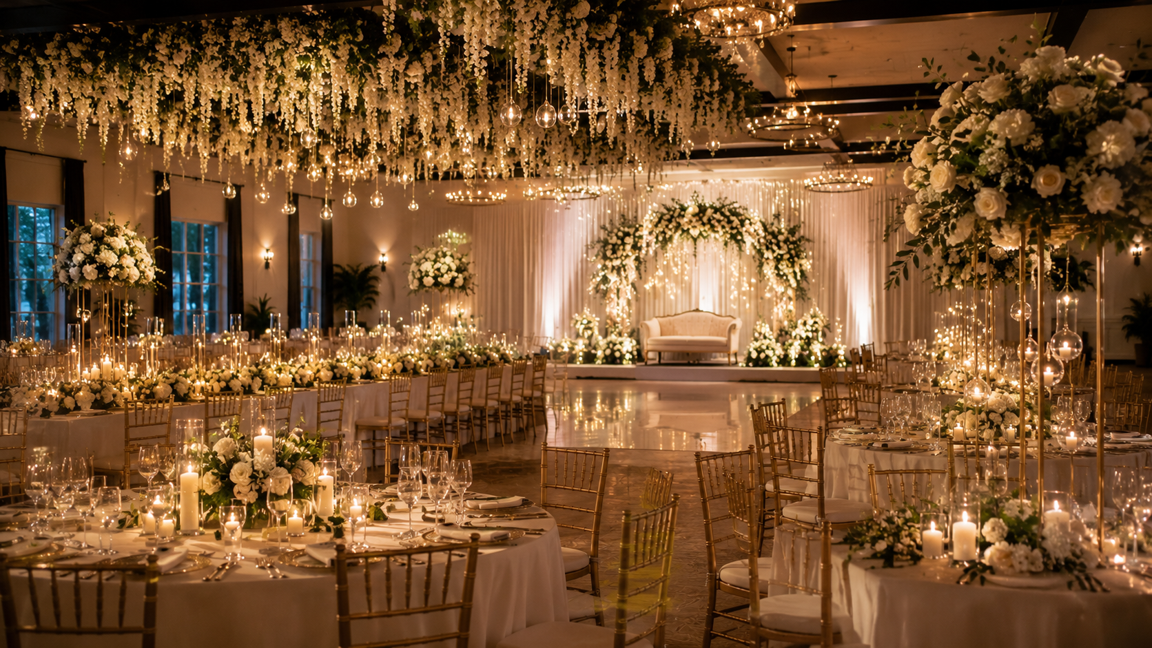 Elegant wedding reception with a floral arch and candlelit tables