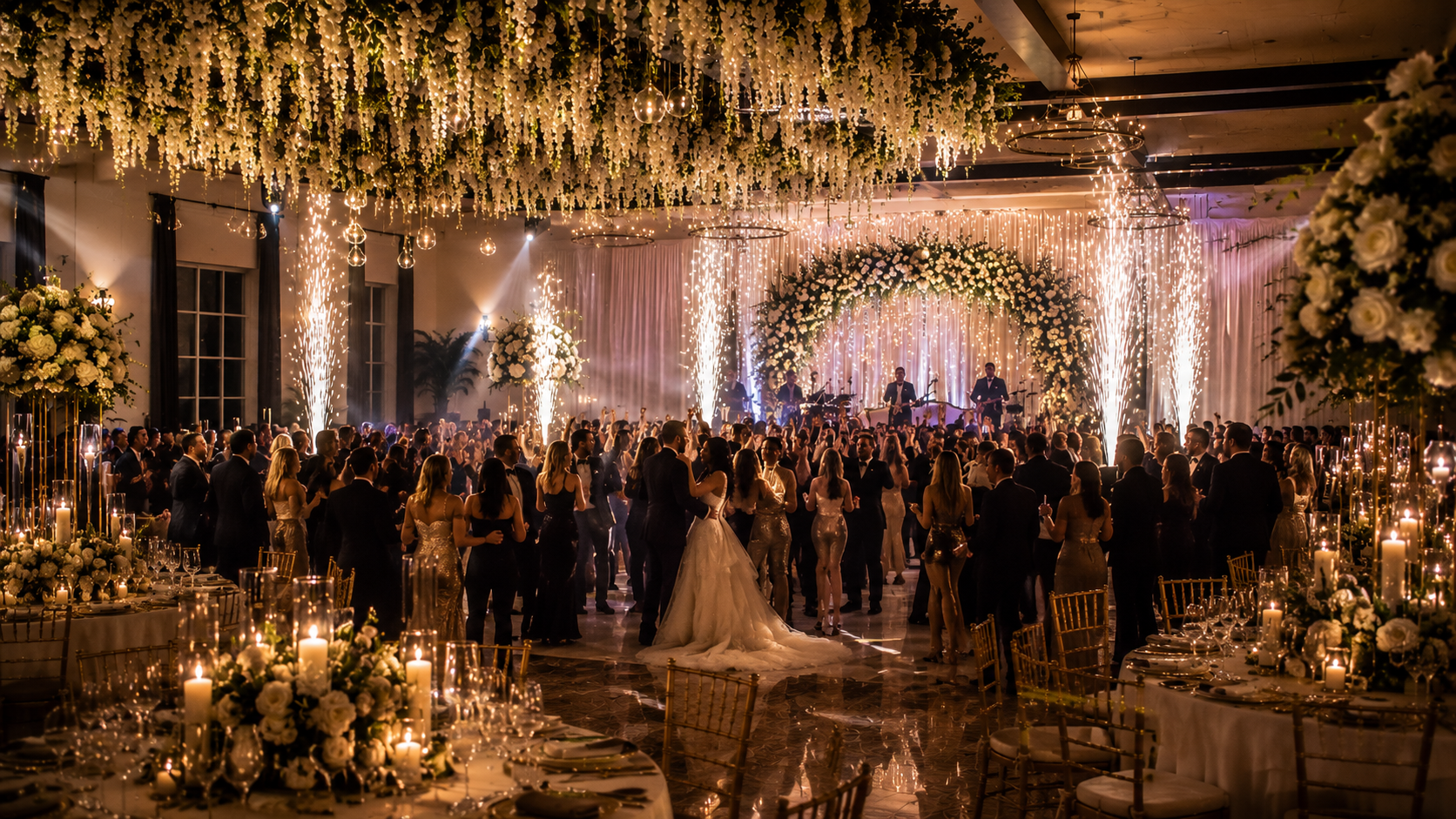 Bride on the dance floor beneath sparkler fountains at a wedding
