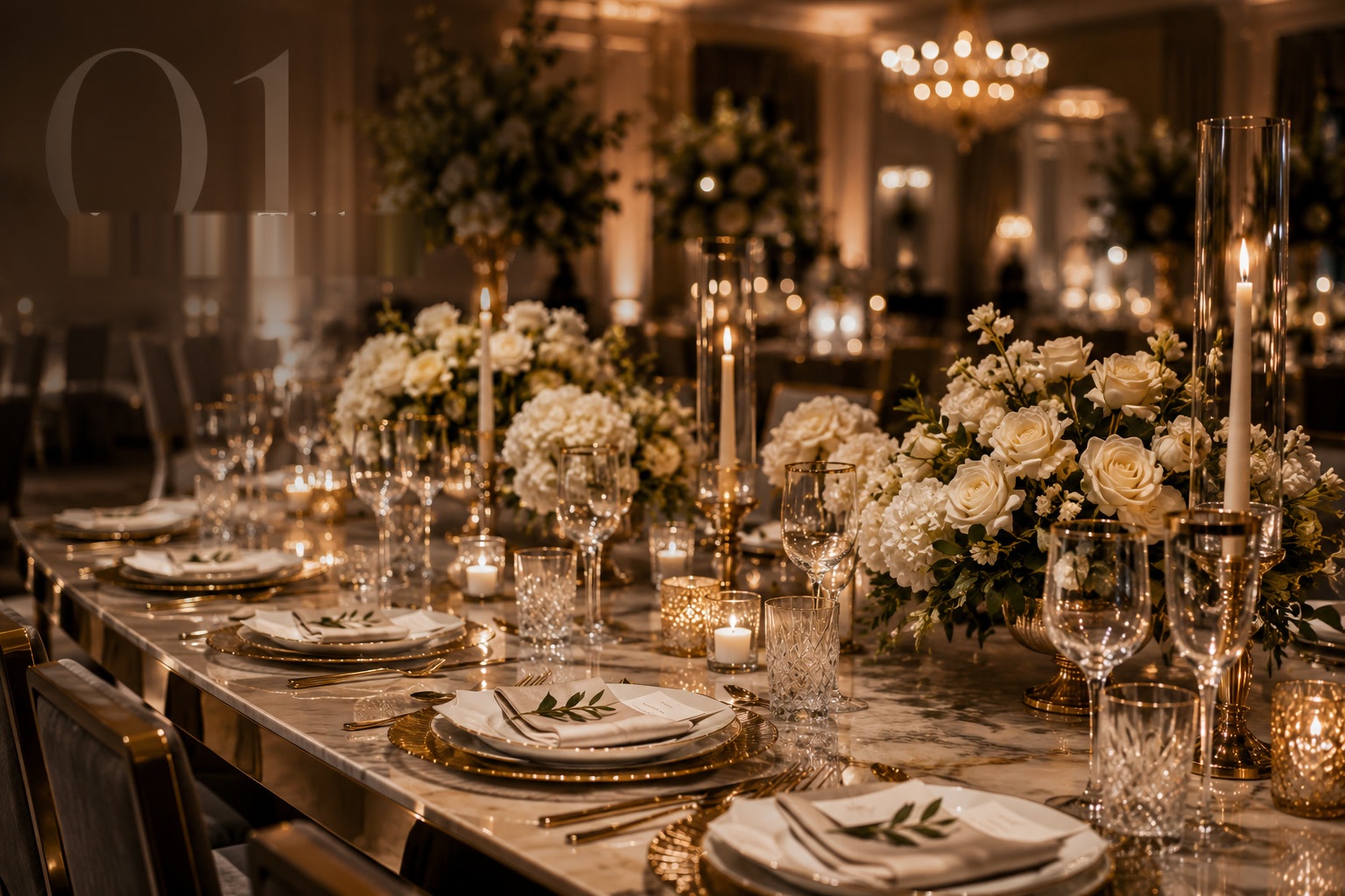 Luxury tablescape set with fine china, crystal glassware and floral centerpieces