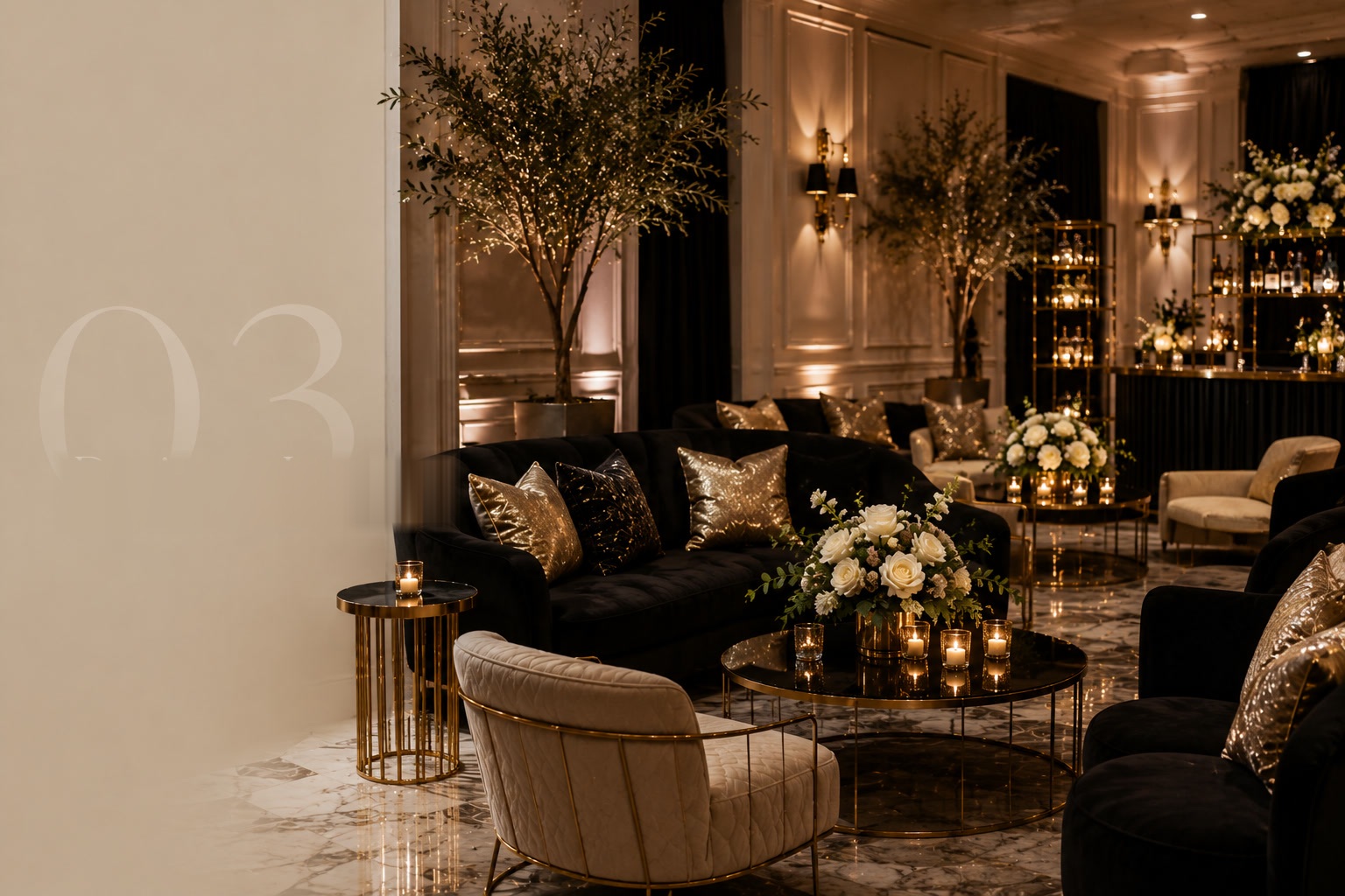 Elegant lounge space with plush velvet seating and warm ambient styling