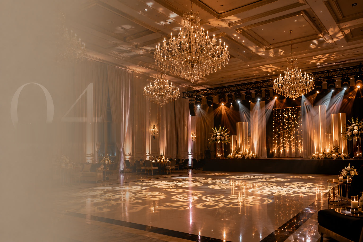 Ambient lighting glowing across a candlelit celebration venue