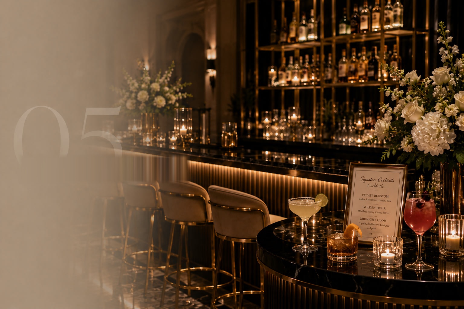 Premium bar experience with curated cocktails and refined styling